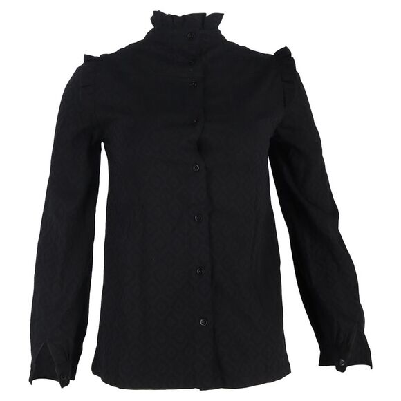 A.P.C. Ruffle-Trimmed Long Sleeve Blouse in Black Cotton - Picture 1 of 3